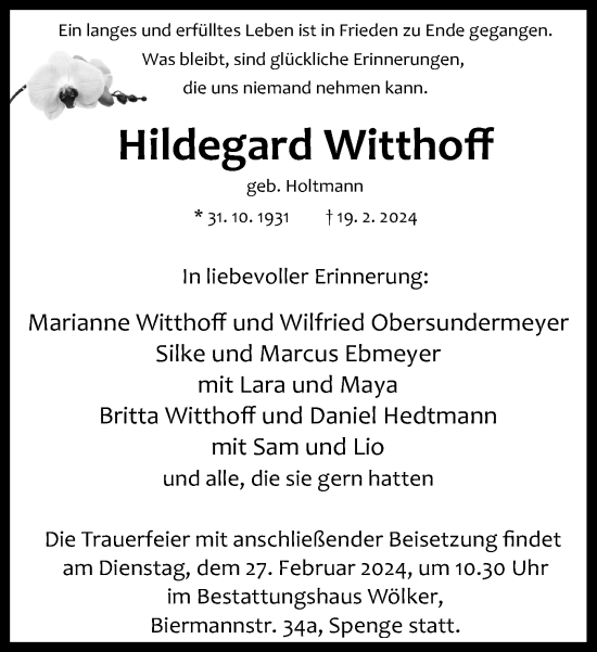 Traueranzeige von Hildegard Witthoff von Neue Westfälische