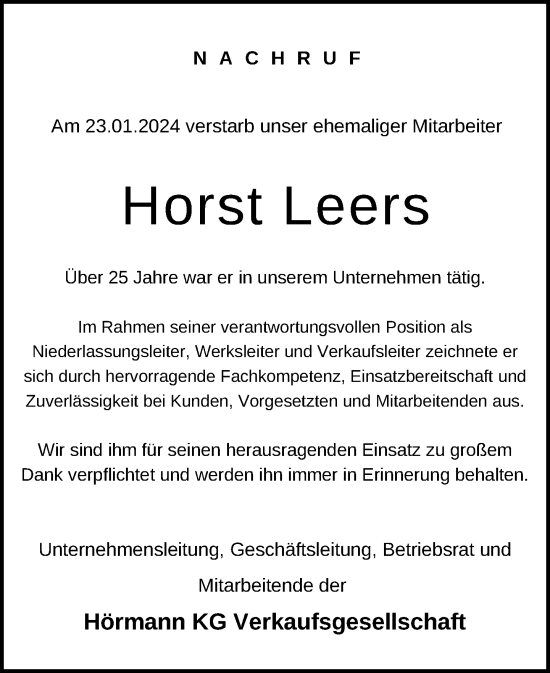 Traueranzeige von Horst Leers von Neue Westfälische