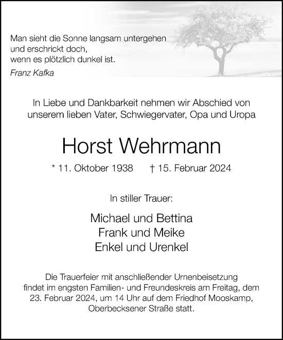 Traueranzeige von Horst Wehrmann von Neue Westfälische