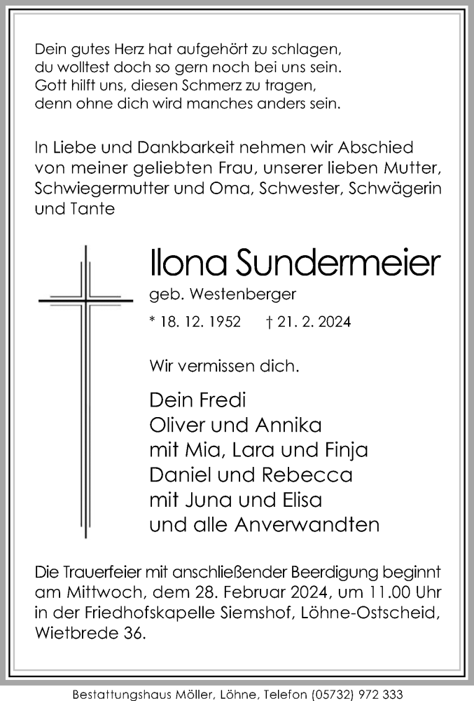  Traueranzeige für Ilona Sundermeier vom 24.02.2024 aus Neue Westfälische