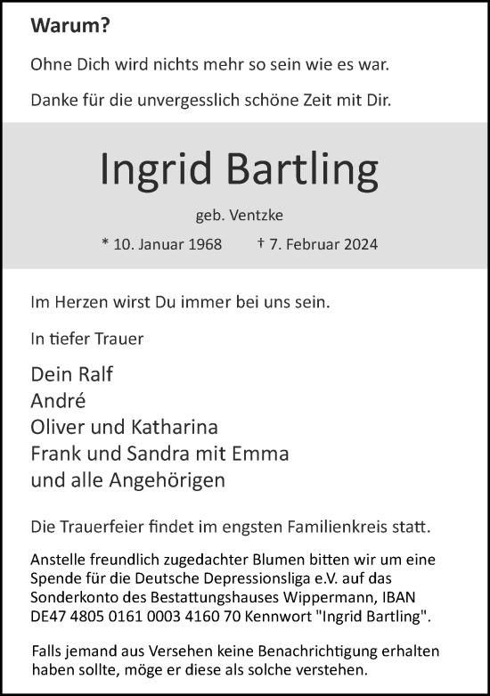 Traueranzeige von Ingrid Bartling von Neue Westfälische