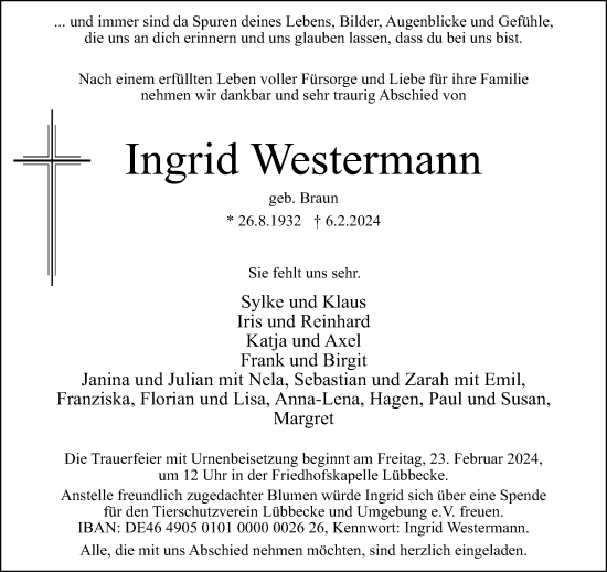 Traueranzeige von Ingrid Westermann von Neue Westfälische