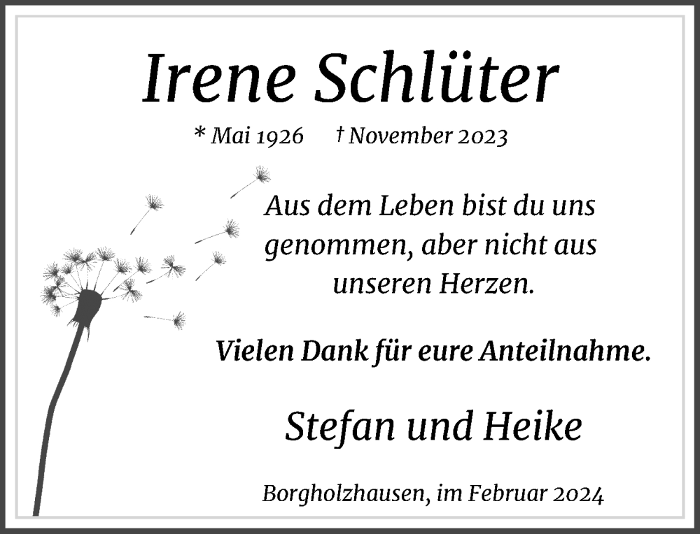  Traueranzeige für Irene Schlüter vom 10.02.2024 aus Neue Westfälische