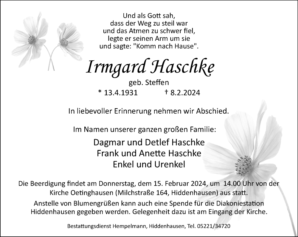  Traueranzeige für Irmgard Haschke vom 10.02.2024 aus Neue Westfälische