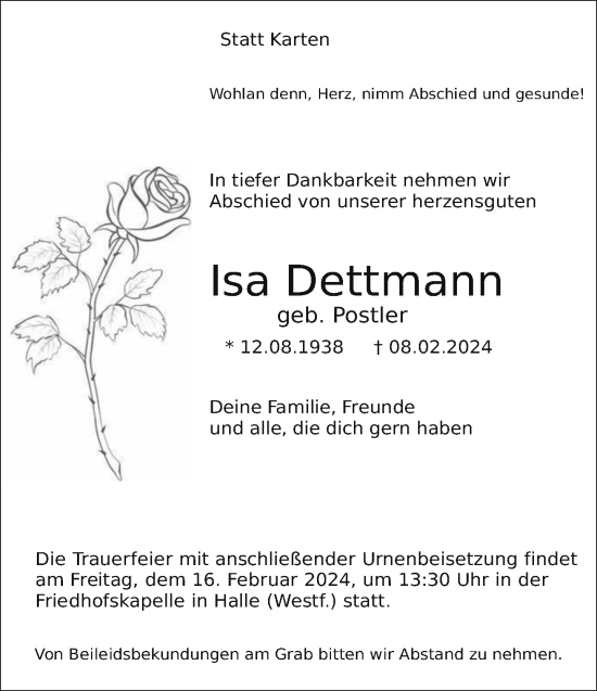 Traueranzeige von Isa Dettmann von Neue Westfälische