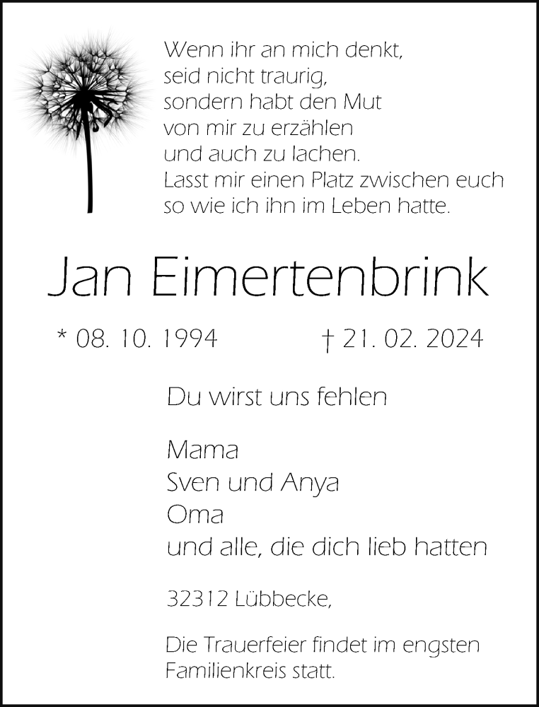  Traueranzeige für Jan Eimertenbrink vom 24.02.2024 aus Neue Westfälische