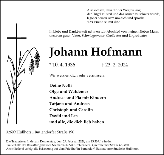 Traueranzeige von Johann Hofmann von Neue Westfälische