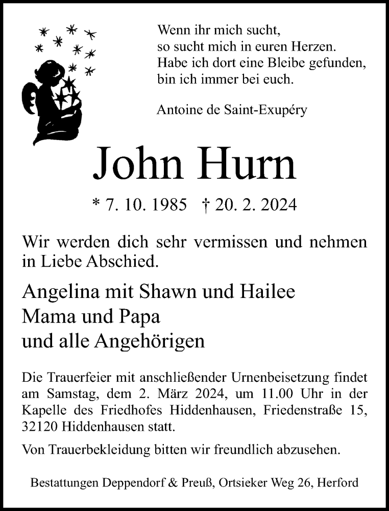  Traueranzeige für John Hurn vom 24.02.2024 aus Neue Westfälische