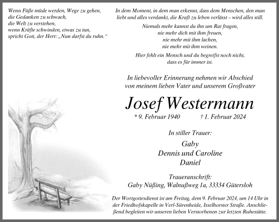 Traueranzeige von Josef Westermann von Neue Westfälische