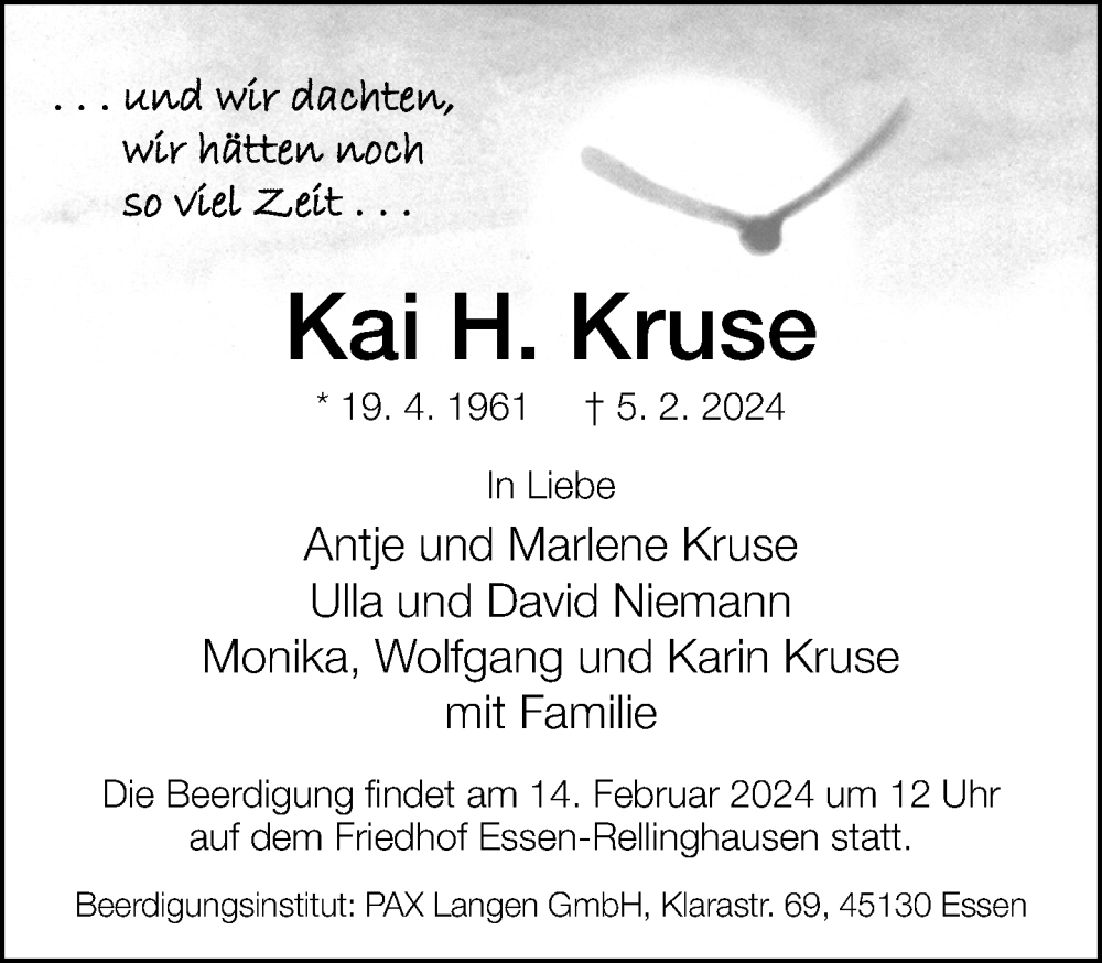  Traueranzeige für Kai H. Kruse vom 10.02.2024 aus Neue Westfälische