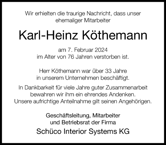 Traueranzeige von Karl-Heinz Köthemann von Neue Westfälische