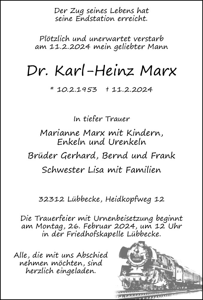  Traueranzeige für Karl-Heinz Marx vom 17.02.2024 aus Neue Westfälische