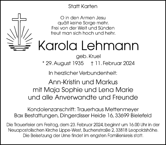 Traueranzeige von Karola Lehmann von Neue Westfälische