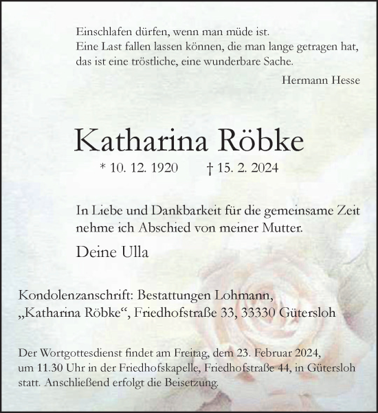 Traueranzeige von Katharina Röbke von Neue Westfälische
