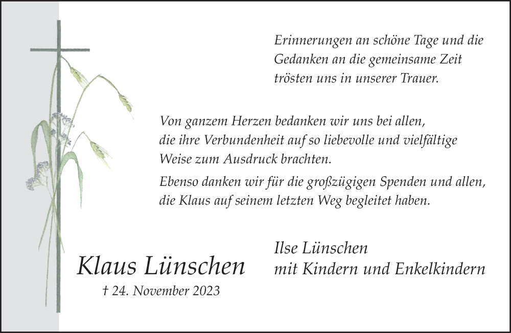  Traueranzeige für Klaus Lünschen vom 03.02.2024 aus Neue Westfälische