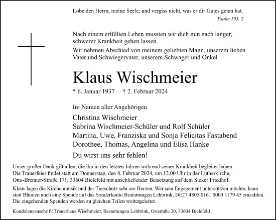Traueranzeige von Klaus Wischmeier von Neue Westfälische