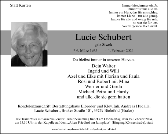 Traueranzeige von Lucie Schubert von Neue Westfälische