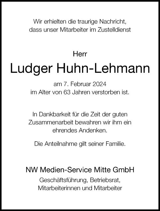 Traueranzeige von Ludger Huhn-Lehmann von Neue Westfälische