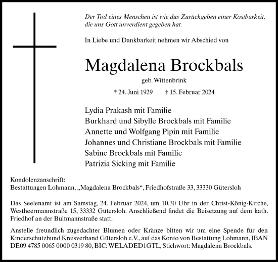 Traueranzeige von Magdalena Brockbals von Neue Westfälische