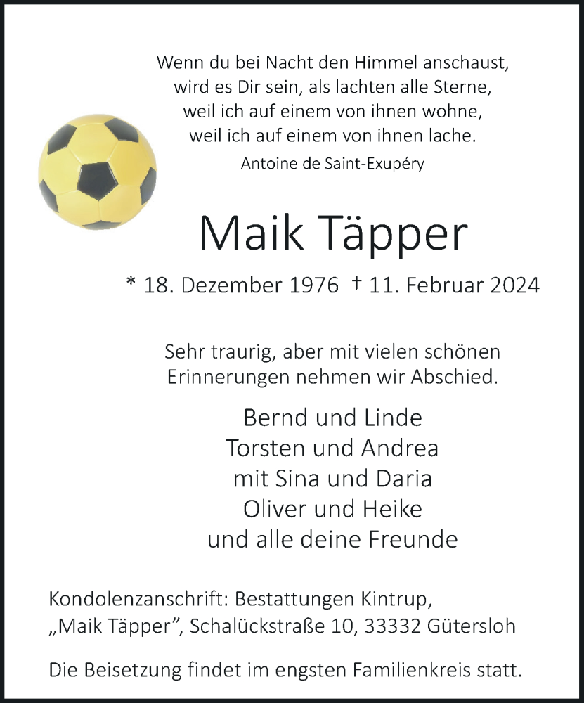  Traueranzeige für Maik Täpper vom 21.02.2024 aus Neue Westfälische