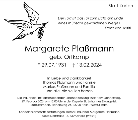 Traueranzeige von Margarete Plaßmann von Neue Westfälische