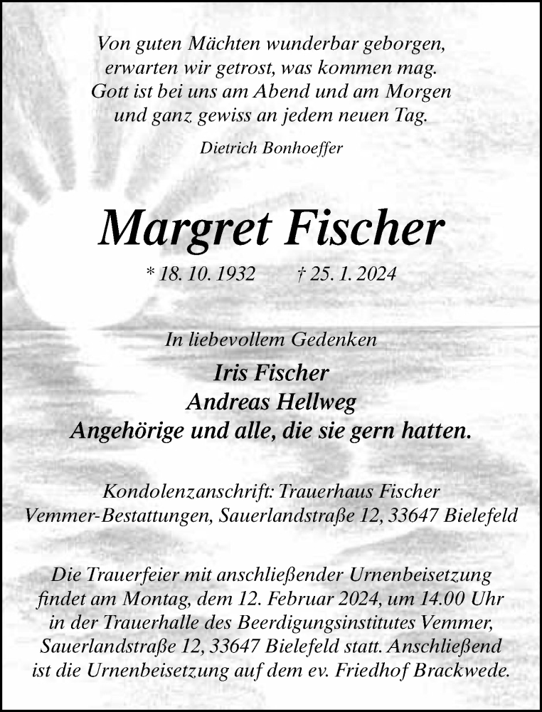  Traueranzeige für Margret Fischer vom 03.02.2024 aus Neue Westfälische
