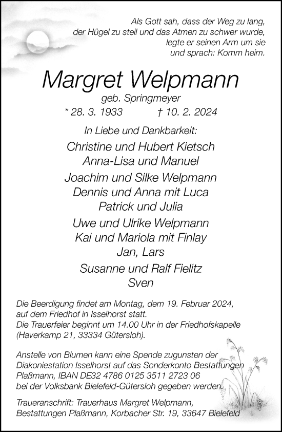 Traueranzeige von Margret Welpmann von Neue Westfälische