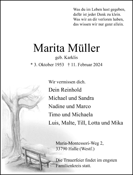 Traueranzeige von Marita Müller von Neue Westfälische