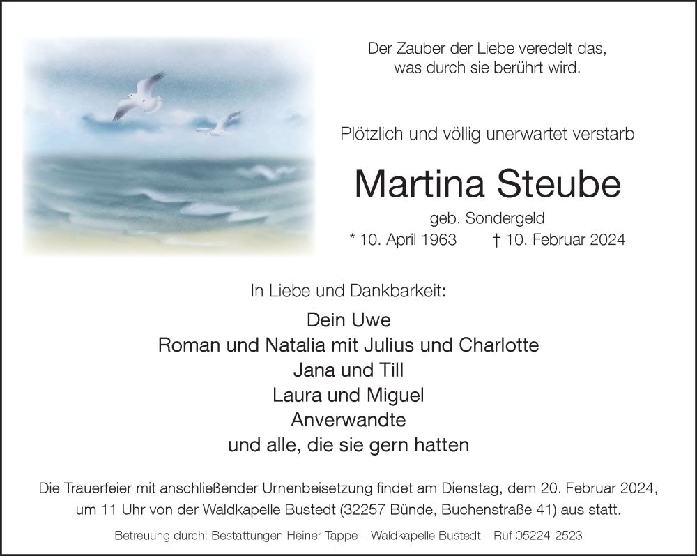  Traueranzeige für Martina Steube vom 17.02.2024 aus Neue Westfälische