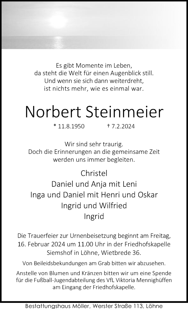  Traueranzeige für Norbert Steinmeier vom 10.02.2024 aus Neue Westfälische