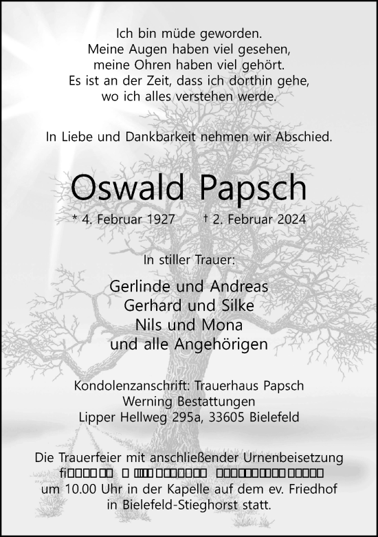 Traueranzeige von Oswald Papsch von Neue Westfälische