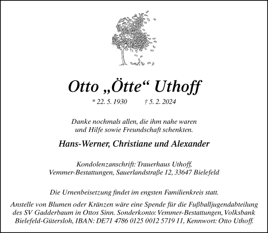 Traueranzeige von Otto Uthoff von Neue Westfälische