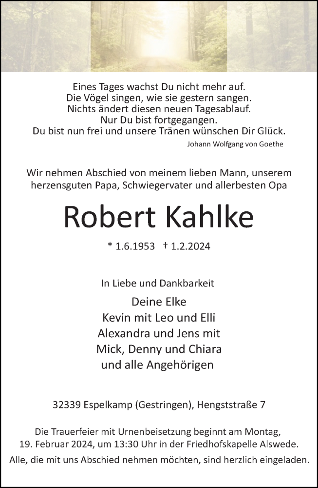  Traueranzeige für Robert Kahlke vom 10.02.2024 aus Neue Westfälische