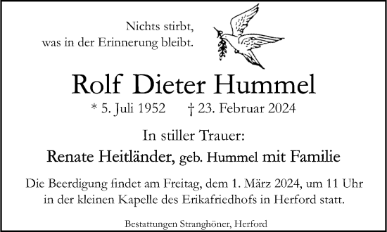 Traueranzeige von Rolf Dieter Hummel von Neue Westfälische