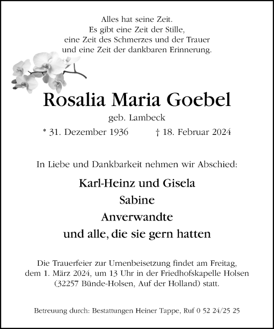 Traueranzeige von Rosalia Maria Goebel von Neue Westfälische