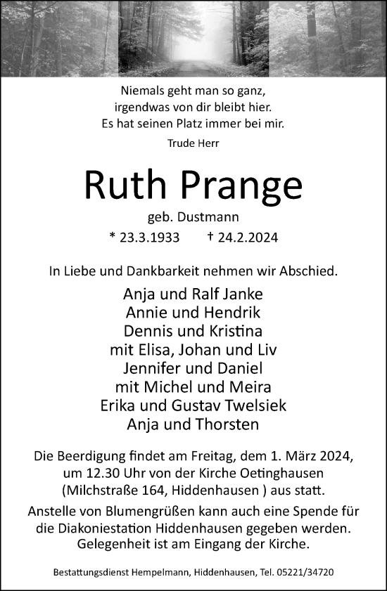 Traueranzeige von Ruth Prange von Neue Westfälische