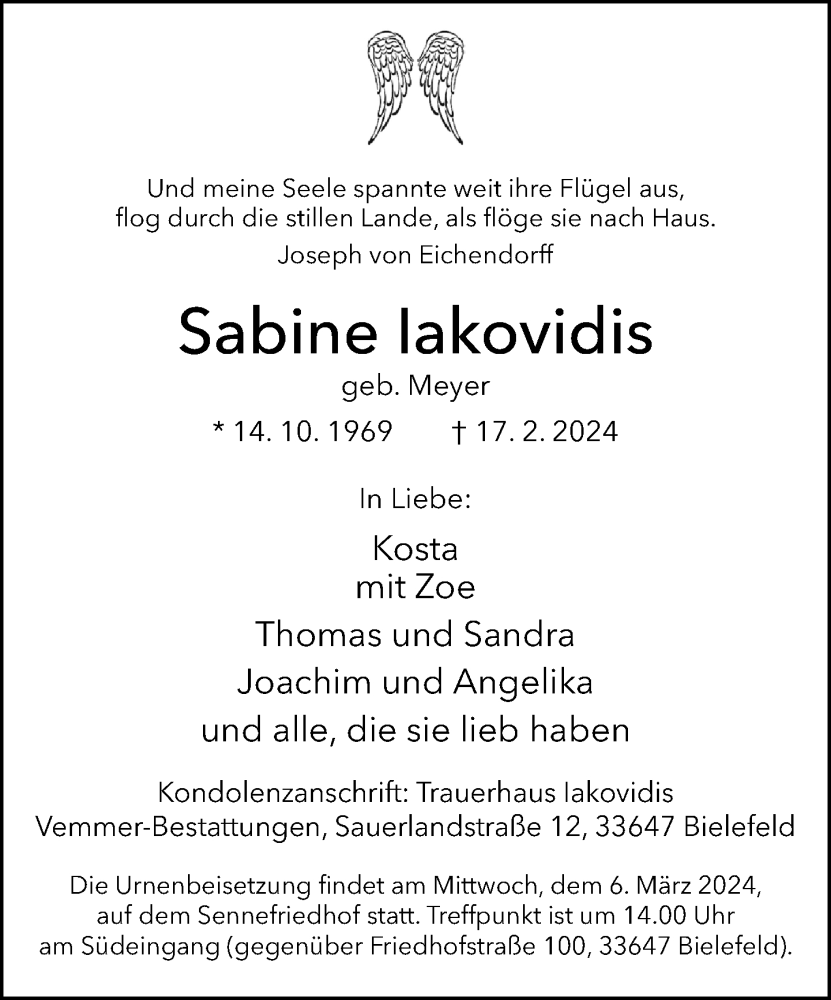  Traueranzeige für Sabine Iakovidis vom 24.02.2024 aus Neue Westfälische