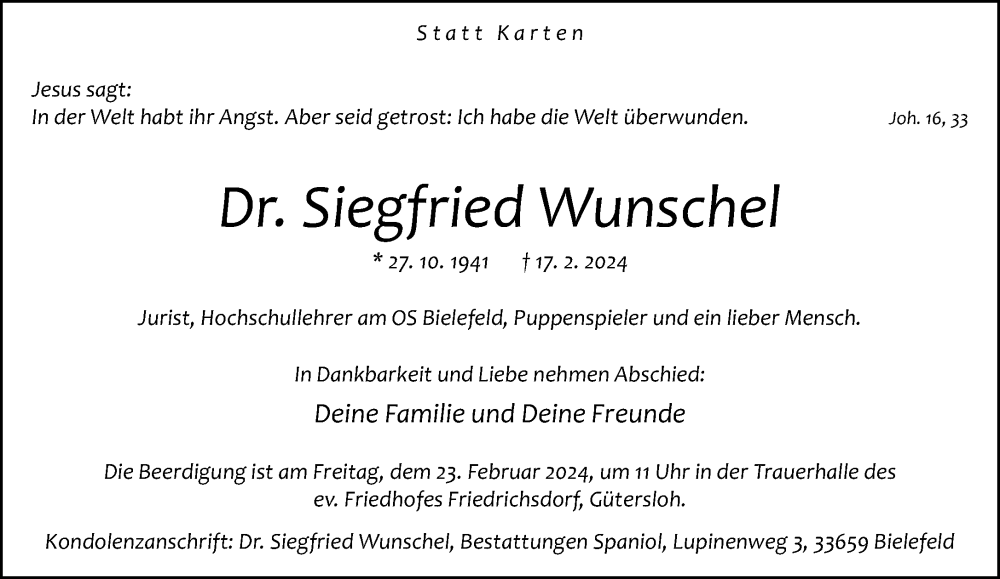  Traueranzeige für Siegfried Wunschel vom 21.02.2024 aus Neue Westfälische