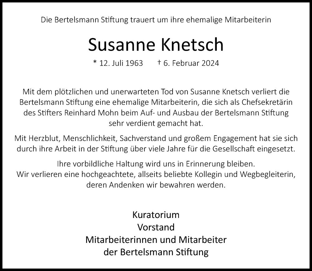  Traueranzeige für Susanne Knetsch vom 10.02.2024 aus Neue Westfälische