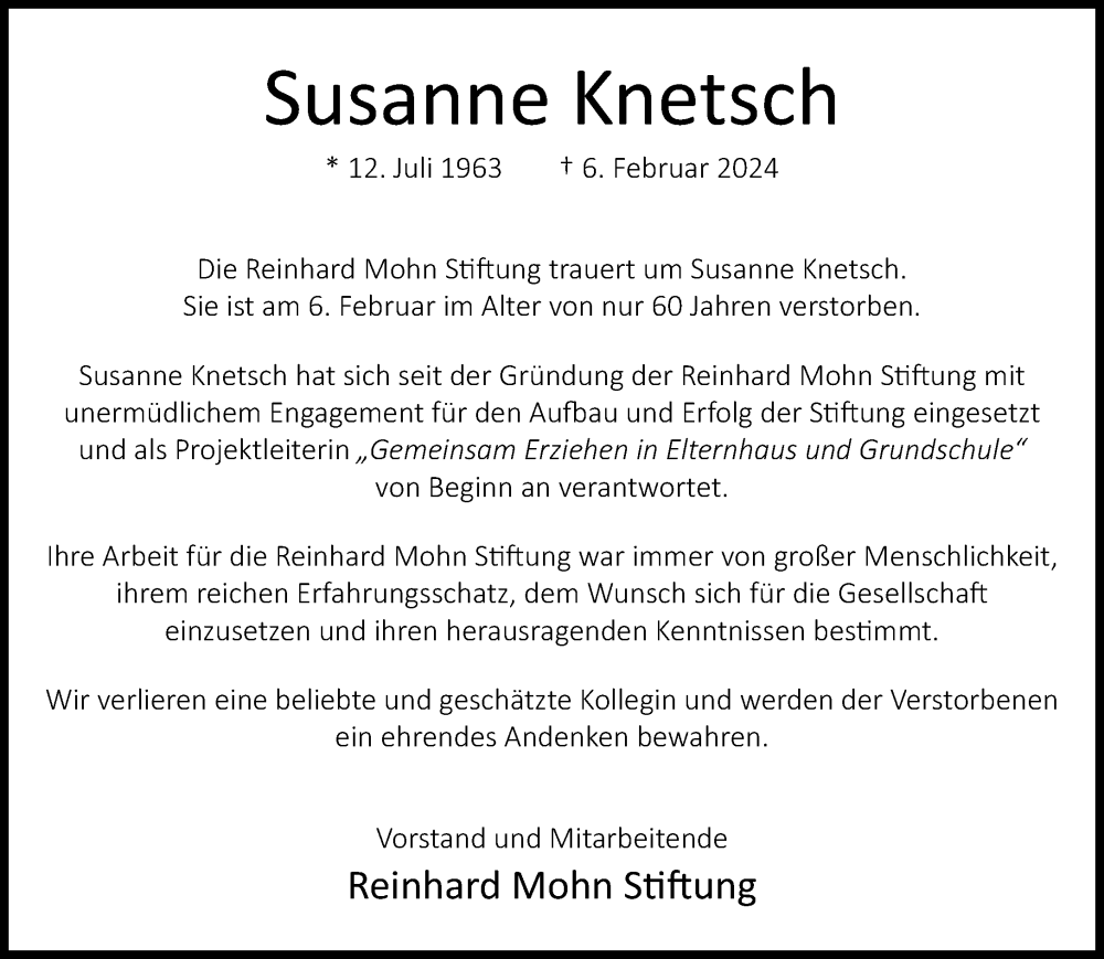  Traueranzeige für Susanne Knetsch vom 10.02.2024 aus Neue Westfälische