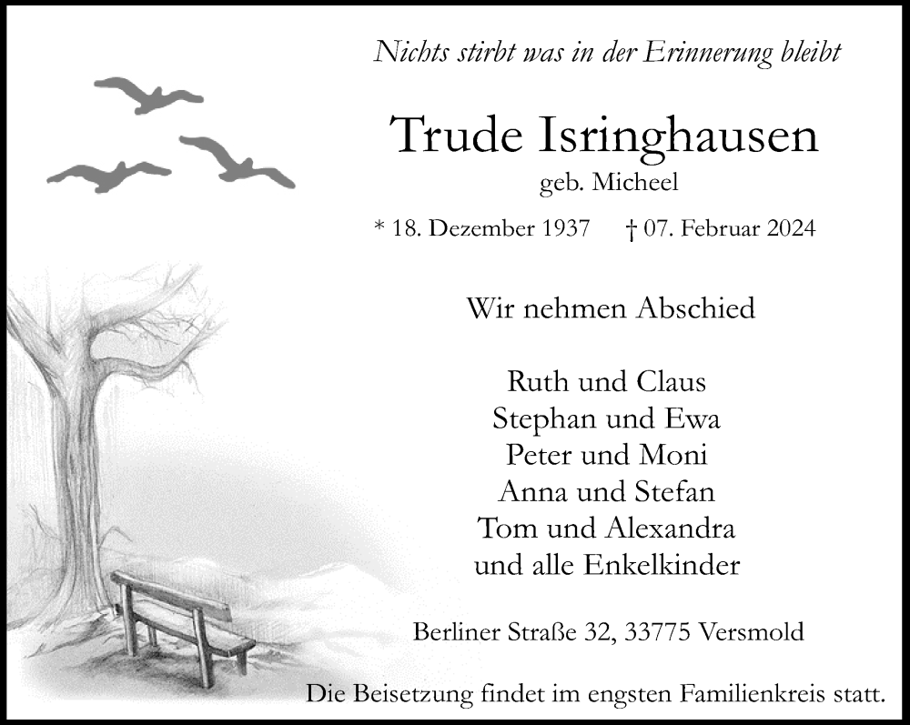  Traueranzeige für Trude Isringhausen vom 10.02.2024 aus Neue Westfälische