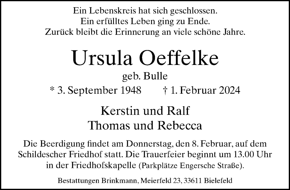  Traueranzeige für Ursula Oeffelke vom 06.02.2024 aus Neue Westfälische