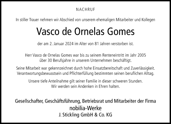 Traueranzeige von Vasco de Ornelas Gomes von Neue Westfälische