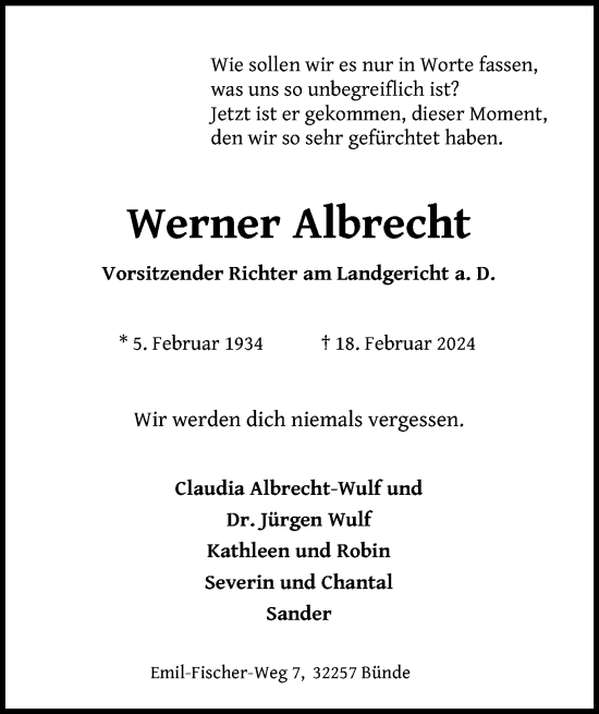 Traueranzeige von Werner Albrecht von Neue Westfälische
