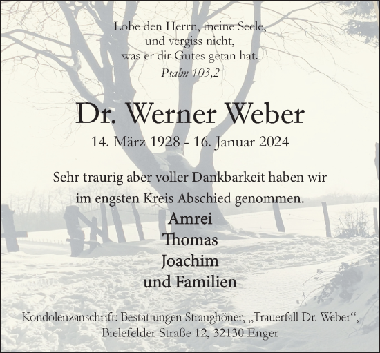 Traueranzeige von Werner Weber von Neue Westfälische