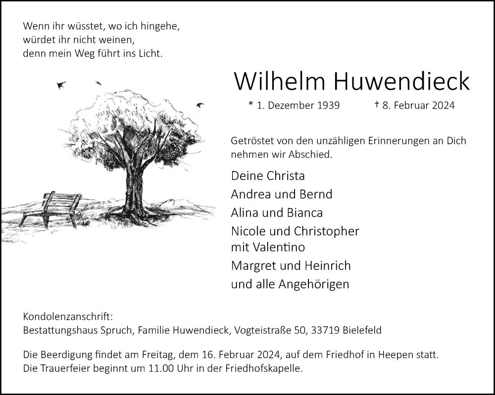  Traueranzeige für Wilhelm Huwendieck vom 13.02.2024 aus Neue Westfälische