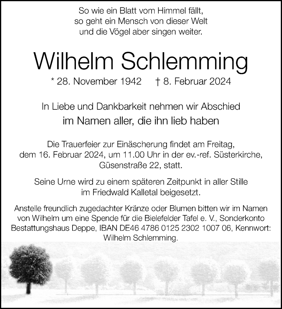  Traueranzeige für Wilhelm Schlemming vom 10.02.2024 aus Neue Westfälische