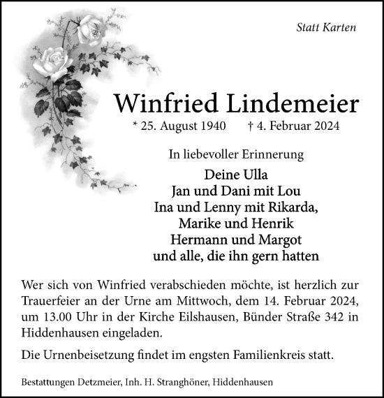 Traueranzeige von Winfried Lindemeier von Neue Westfälische