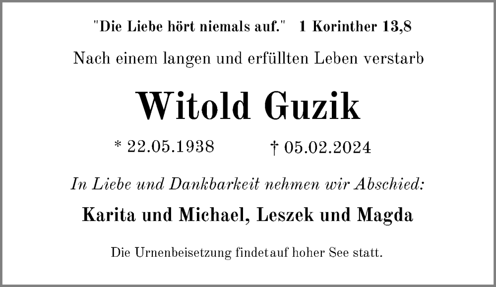  Traueranzeige für Witold Guzik vom 08.02.2024 aus Neue Westfälische