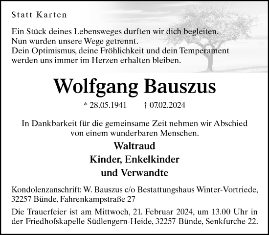 Traueranzeige von Wolfgang Bauszus von Neue Westfälische